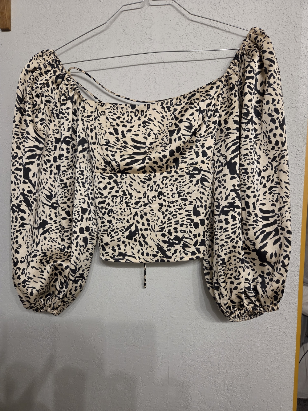 Lush Beige and Black Leopard Puff-Sleeve Crop Top
